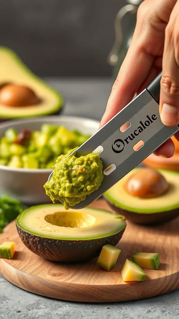 25 Unique Kitchen Gadgets You Didn't Know You Needed 6 A hand holding a creative avocado slicer with avocado slices and guacamole in the background.