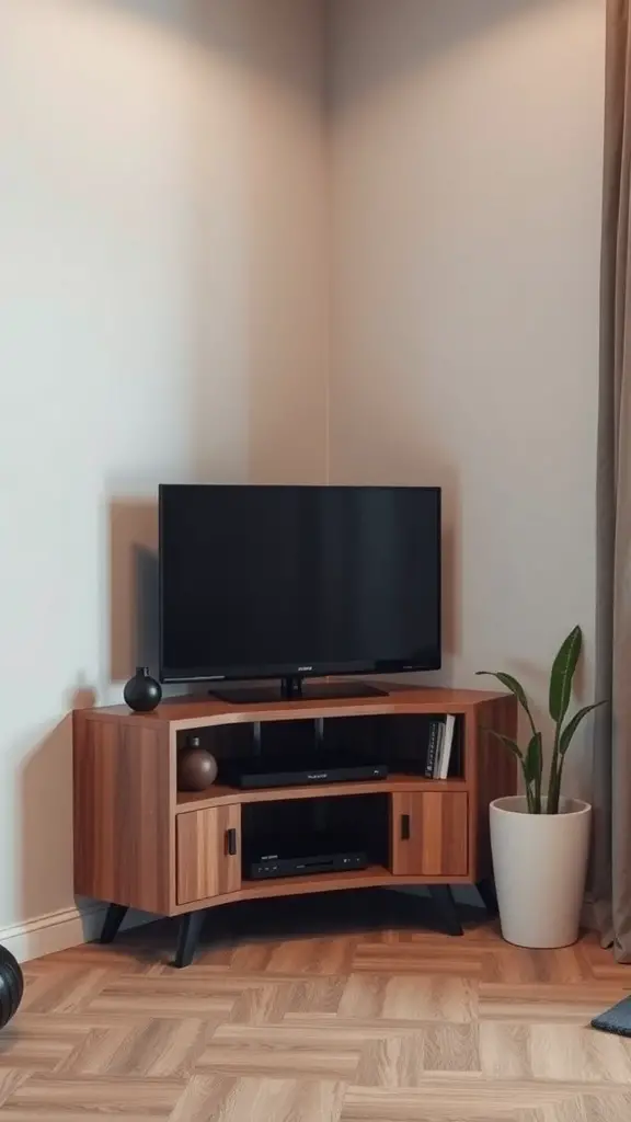 A stylish corner TV stand with a TV, media devices, and a plant in a small space.