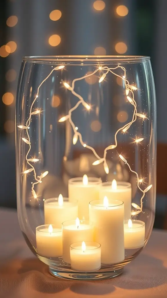 A glass vase filled with candles and fairy lights, creating a warm and inviting centerpiece.