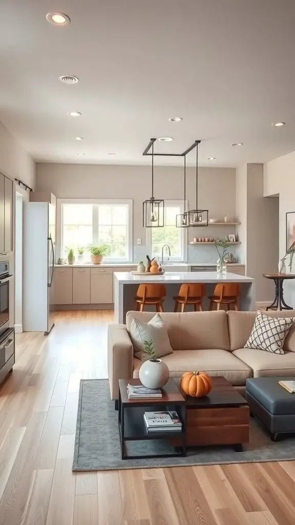 Open kitchen design seamlessly connected to a living room with modern furniture.