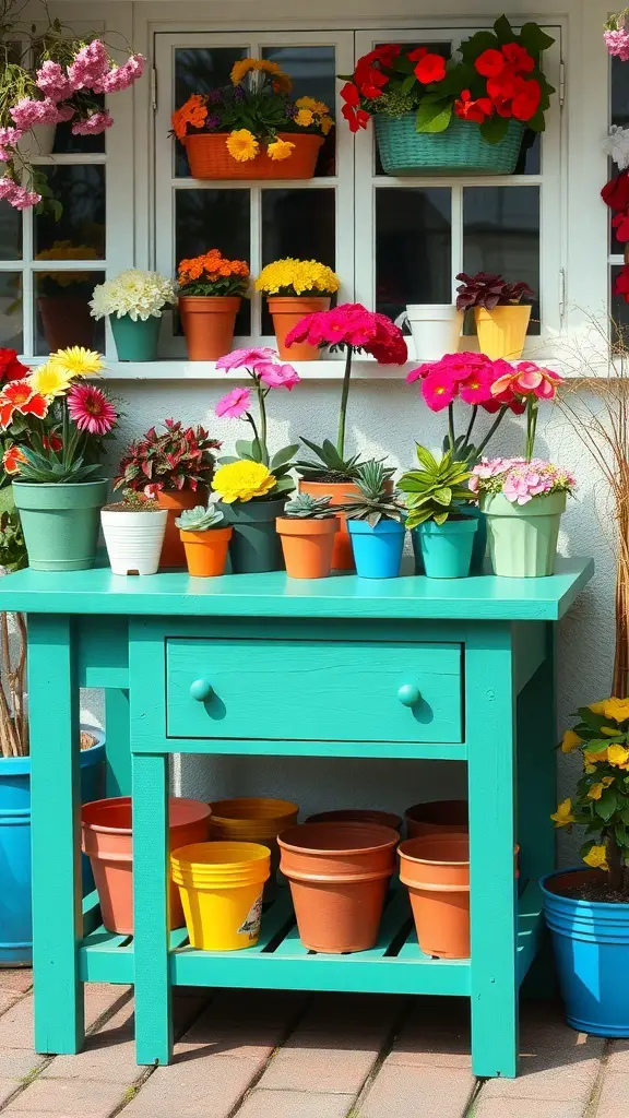 Colorful painted potting table with various potted plants and flowers.