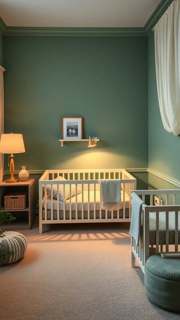 A cozy sage green nursery with soft lighting, featuring a crib, a floor lamp, and a decorative plant.