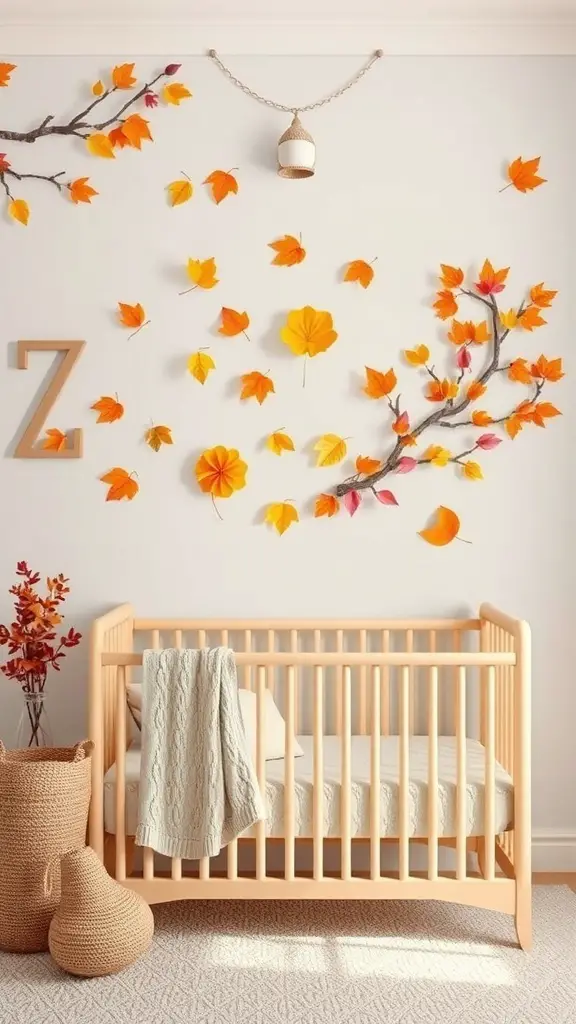 A nursery decorated with autumn leaves and branches on the wall, featuring a wooden crib and cozy elements.