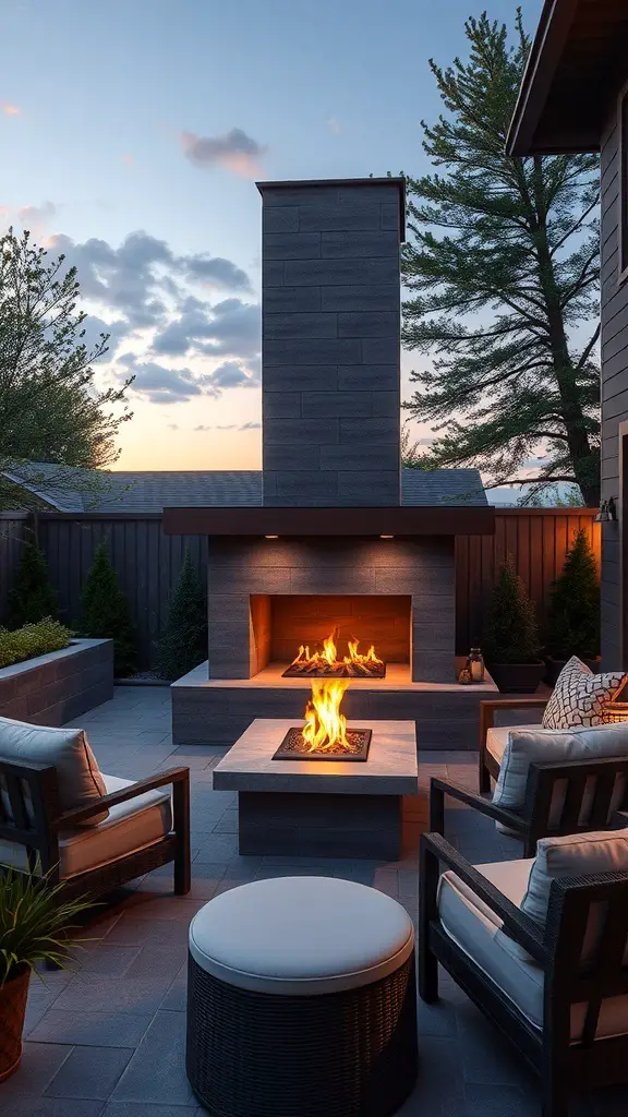 23+ Modern Fireplace Ideas to Elevate Your Home Decor 7 A modern outdoor fireplace with a fire pit surrounded by comfortable seating.