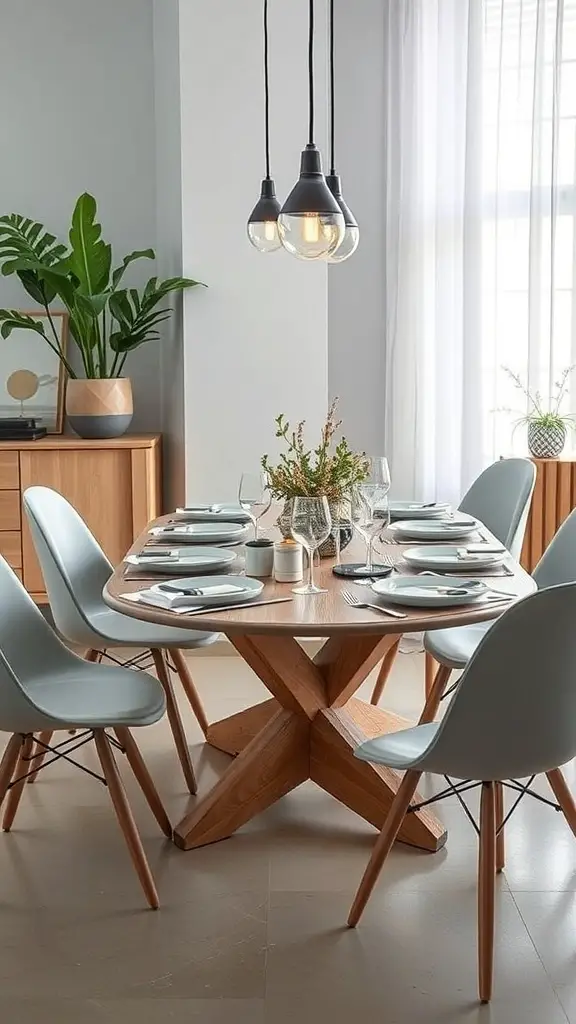 A modern dining room featuring a wooden table, blue chairs, and stylish pendant lighting.