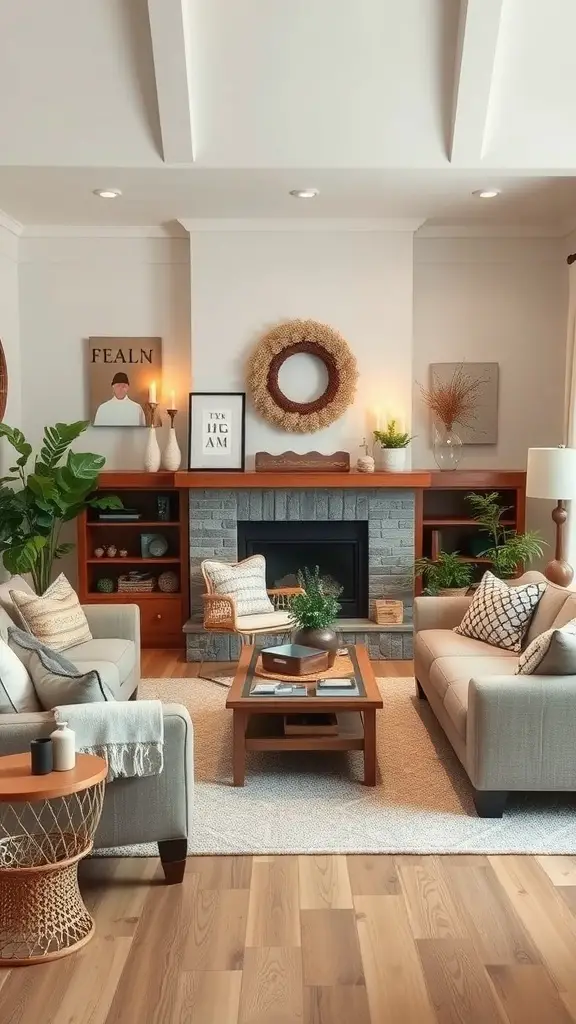 29+ Stunning Family Room Addition Ideas for Your Home 15 Cozy family room with seasonal decor options, featuring a fireplace and comfortable seating.