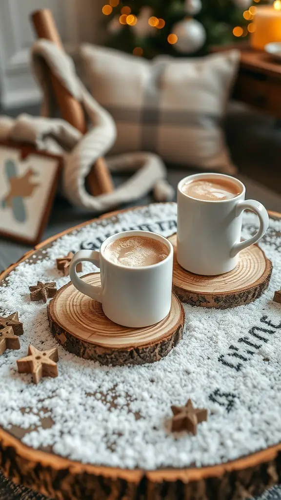 Two mugs of hot cocoa on rustic wood slice coasters, surrounded by powdered sugar and star-shaped treats.