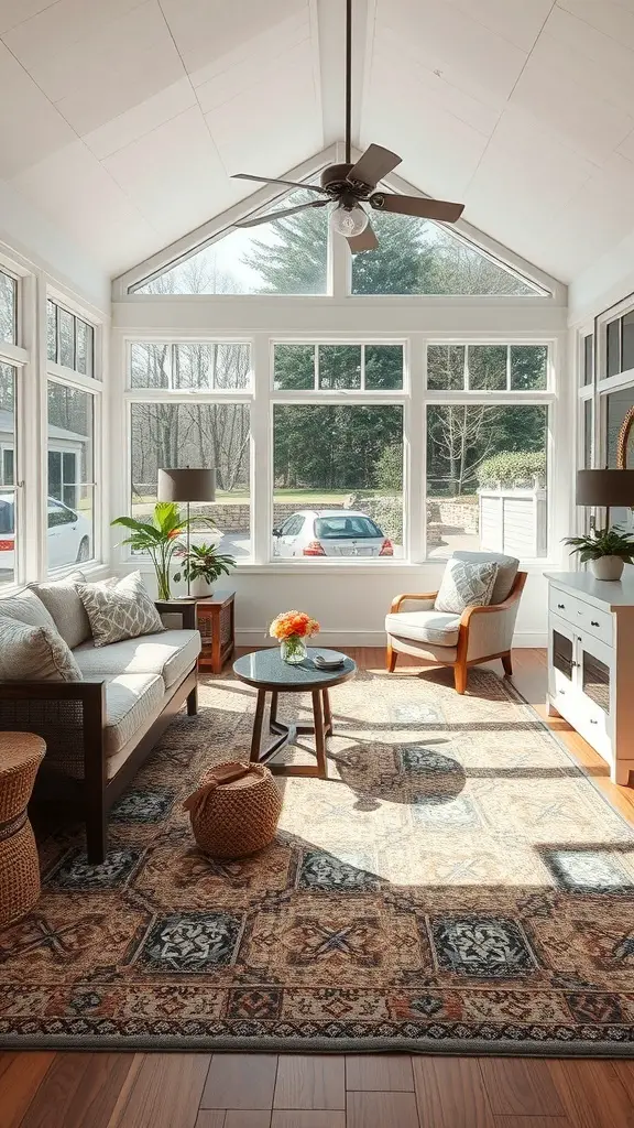 25+ Stylish Sunroom Furniture Ideas for a Cozy Retreat 8 A sunroom with a stylish rug, comfortable seating, and large windows