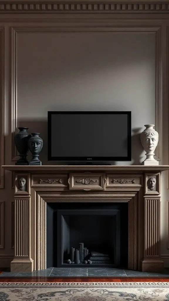 Elegant mantle with a classic TV and decorative vases