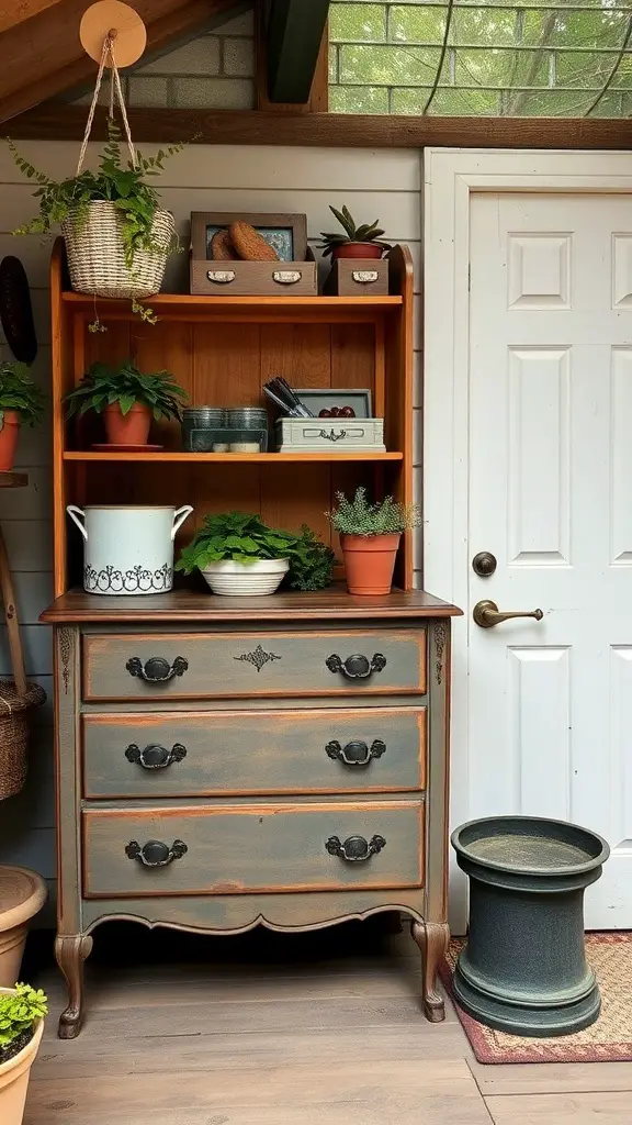 27+ Smart Small Shed Storage Ideas You Need to Try 8 A vintage dresser and wooden shelf in a shed, decorated with plants and storage boxes.
