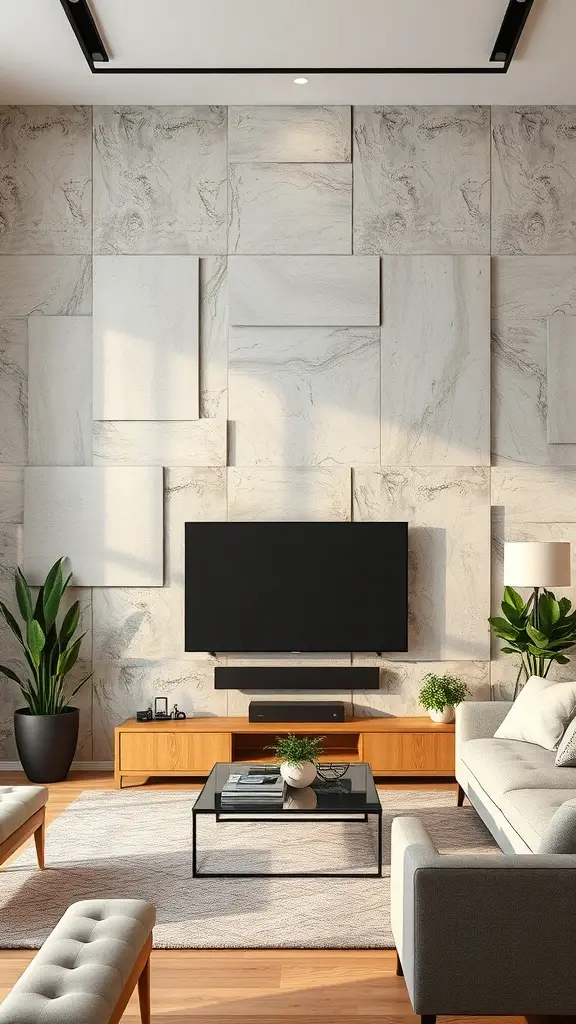 Living room with textured wall panels behind the TV, featuring modern furniture and plants.