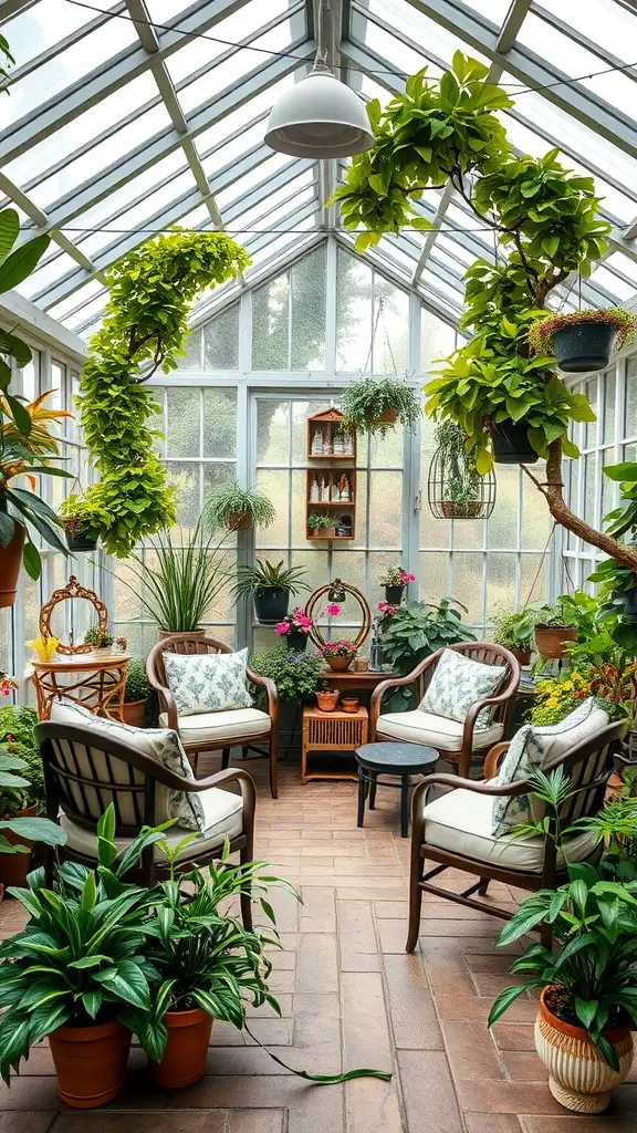 Cozy seating area in a greenhouse with plants and comfortable chairs.