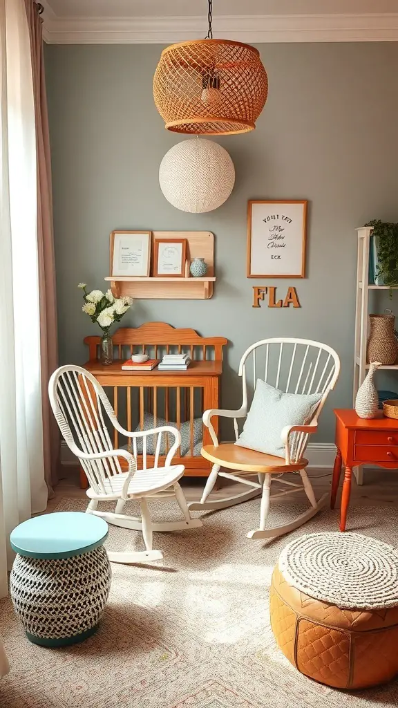 A cozy nursery featuring rocking chairs, a wooden crib, colorful accent furniture, and playful decor.