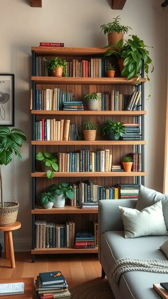23+ Creative DIY Bookshelf Ideas 4 A reclaimed wood bookshelf filled with books and plants, showcasing rustic charm.