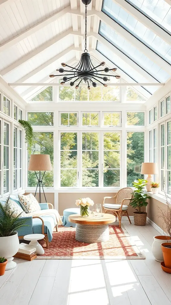 29+ Charming Vintage Sunroom Ideas for a Timeless Retreat 14 A bright and airy vintage sunroom with large windows, plants, and cozy furniture.