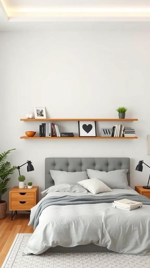 23+ Creative DIY Headboard Ideas to Transform Your Bedroom 15 A modern bedroom featuring a floating shelves headboard with books and decor.