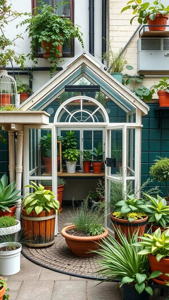29+ Creative DIY Greenhouse Ideas for Your Garden 7 A mini greenhouse filled with various potted plants in an urban garden setting.