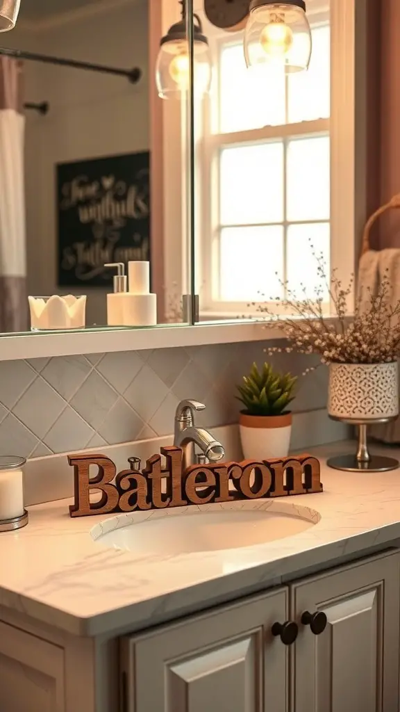 A wooden personalized name sign reading 'Batlerom' on a bathroom counter.