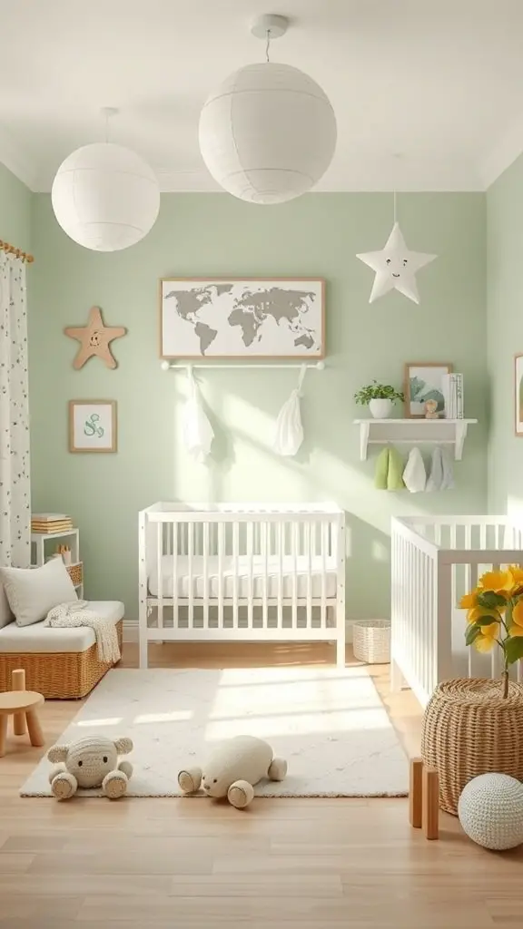 A serene sage green nursery with two cribs, soft toys, and playful decor.