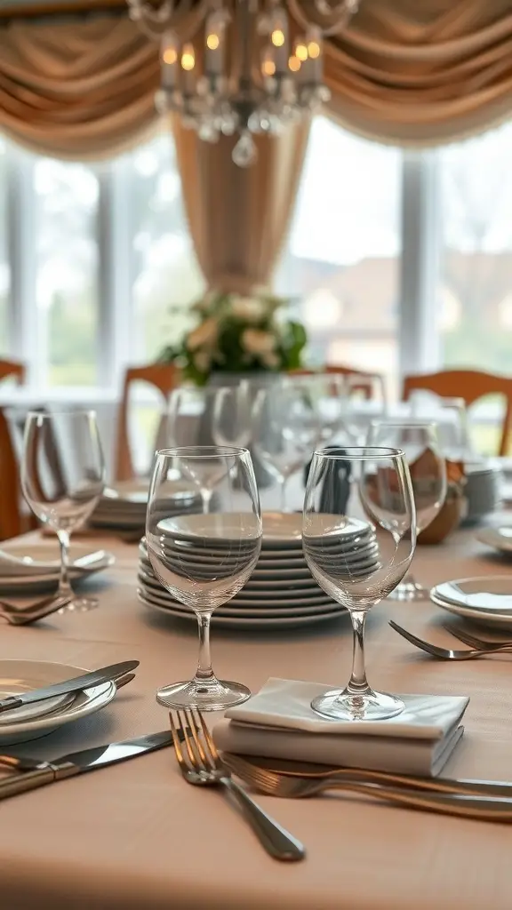 A beautifully set dining table with cutlery, plates, and wine glasses.