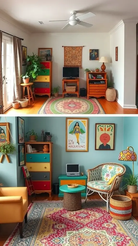 A before and after transformation of a living space showcasing colorful bohemian furniture.