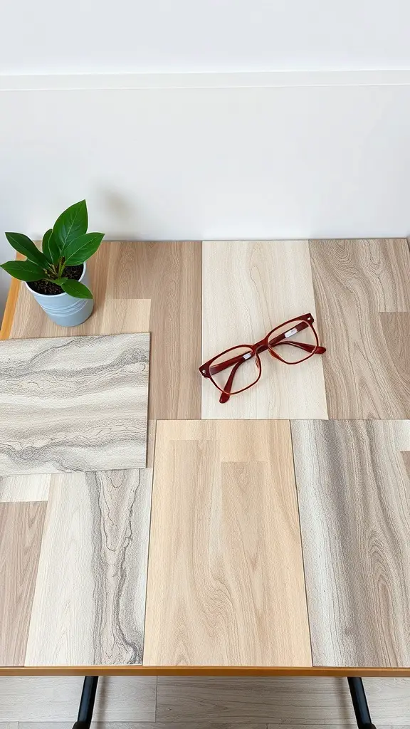 29+ Stunning Family Room Addition Ideas for Your Home 6 Various flooring samples displayed on a table with a plant and glasses