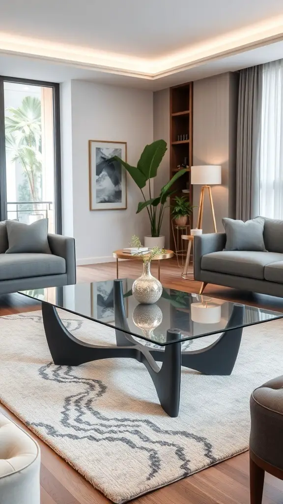 27+ Stunning DIY Coffee Table Ideas You Can Create at Home 6 Modern glass top coffee table with a unique base in a stylish living room