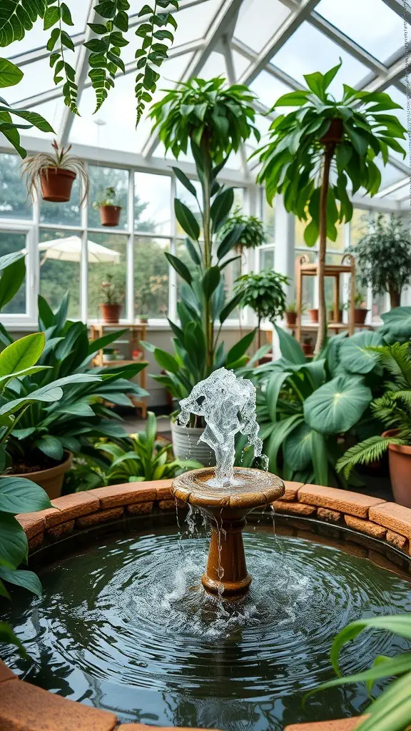 29+ Stunning Attached Greenhouse Sunroom Ideas for Your Home 14 A sunroom with a small fountain surrounded by various plants.