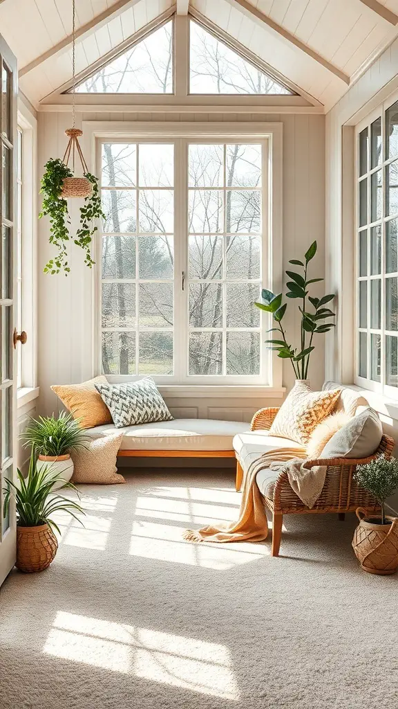 A cozy sunroom featuring soft carpet, plants, and comfortable seating.