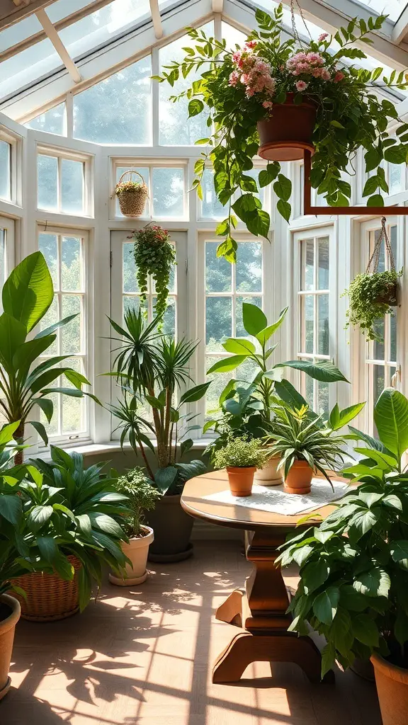 29+ Charming Vintage Sunroom Ideas for a Timeless Retreat 4 A bright and airy sunroom filled with various indoor plants and a wooden table.