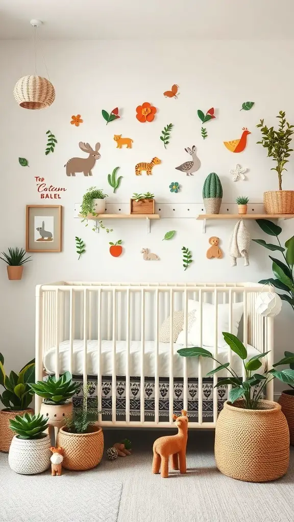 A nature-inspired nursery with animal decorations, plants, and a crib.