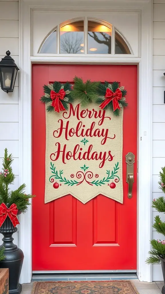 25+ Unique Winter Door Decorations to Brighten Your Home 10 A red door with a holiday banner that says 'Merry Holidays', decorated with greenery and bows.