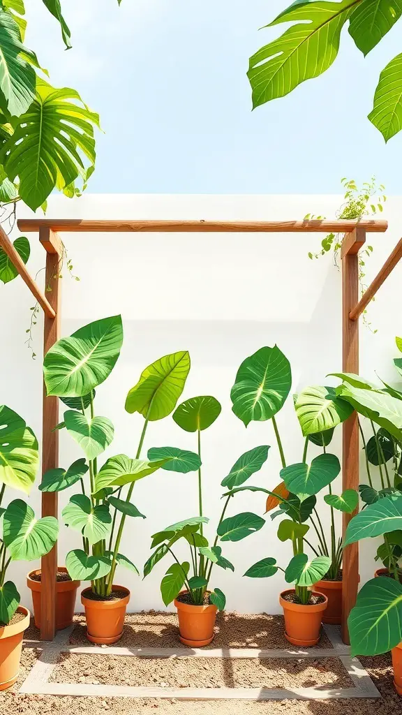 A wooden trellis with several Monstera plants in pots, showcasing their large green leaves under a clear sky.