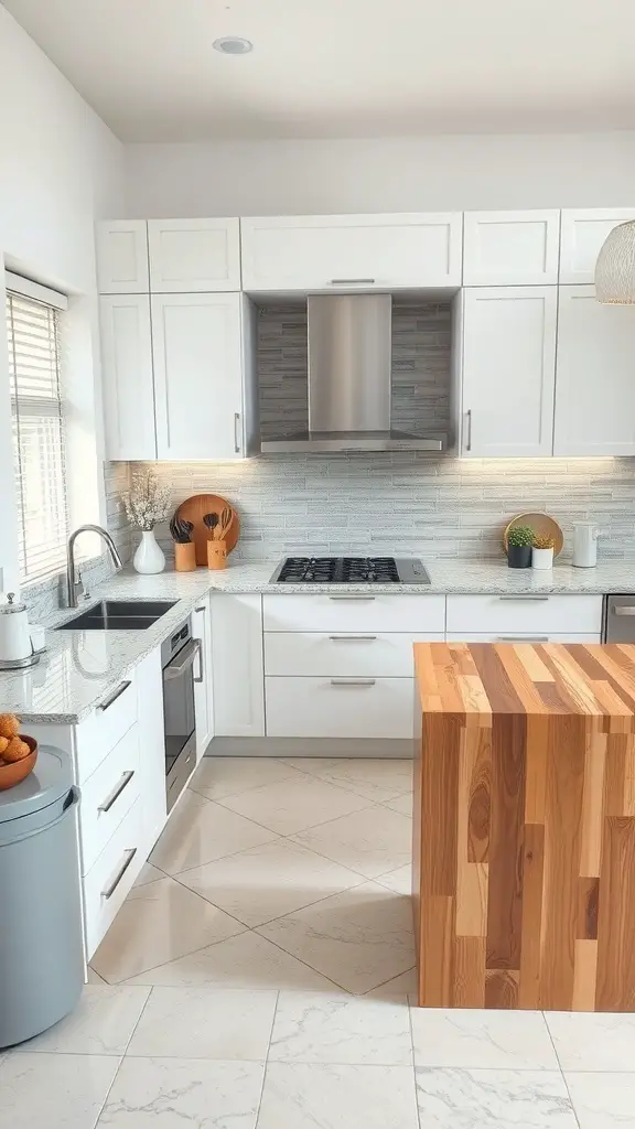 23+ Stunning U-Shaped Kitchen Layout Ideas 14 A modern U-shaped kitchen featuring white cabinets and a wooden island.