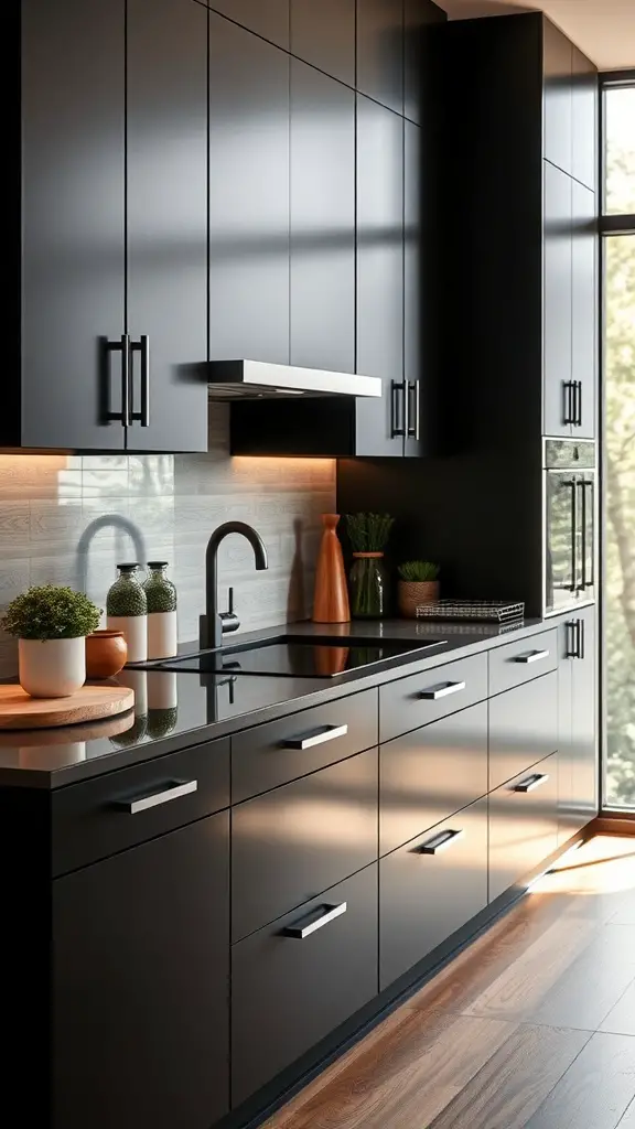 A modern kitchen featuring sleek black cabinets and warm wood accents, with natural light illuminating the space.