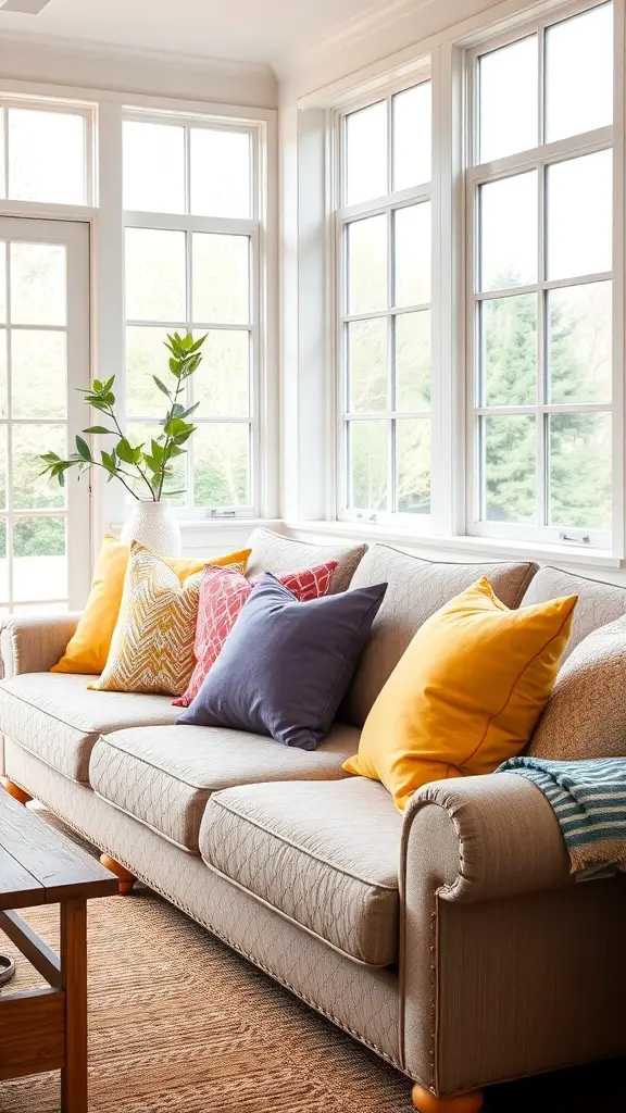 25+ Stylish Sunroom Furniture Ideas for a Cozy Retreat 6 A sunroom with a couch featuring bright colored throw pillows in various shades.