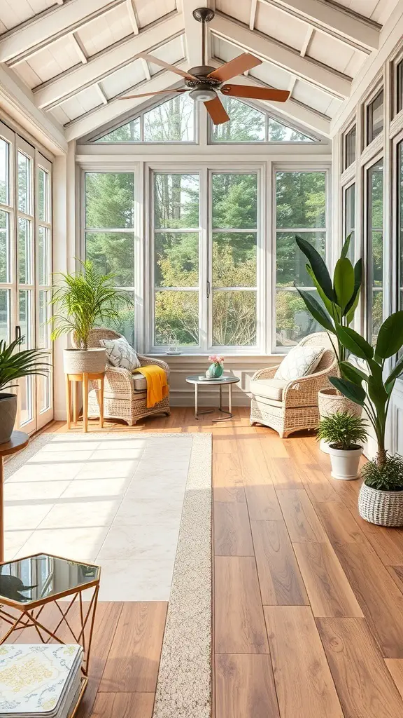 29+ Stunning Sunroom Addition Ideas Off Your Kitchen 5 A bright sunroom with a mix of wood and tile flooring, featuring comfortable seating and plants.