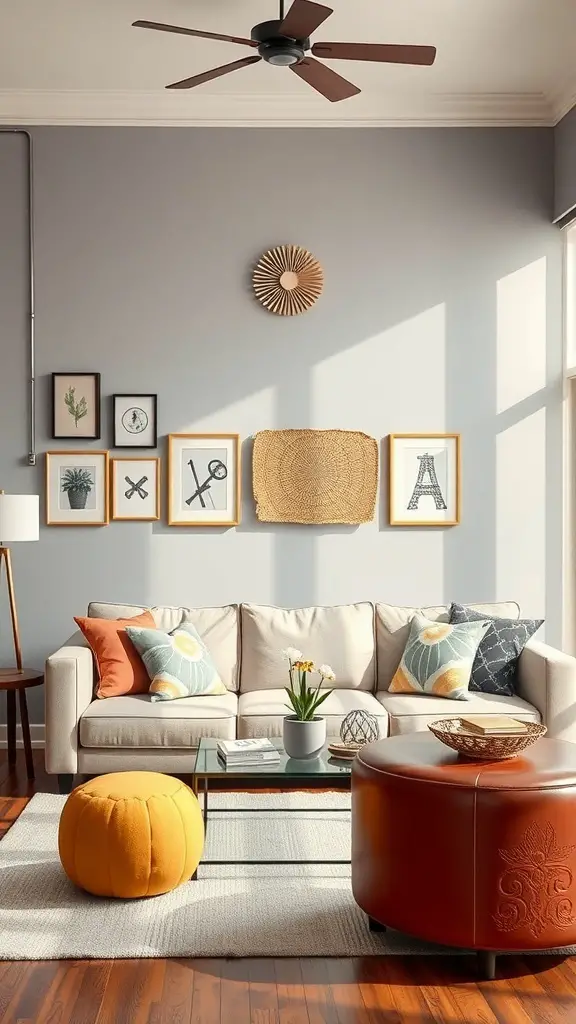 A cozy living room with a beige couch, colorful pillows, wall art, a bright orange pouf, and a stylish coffee table.