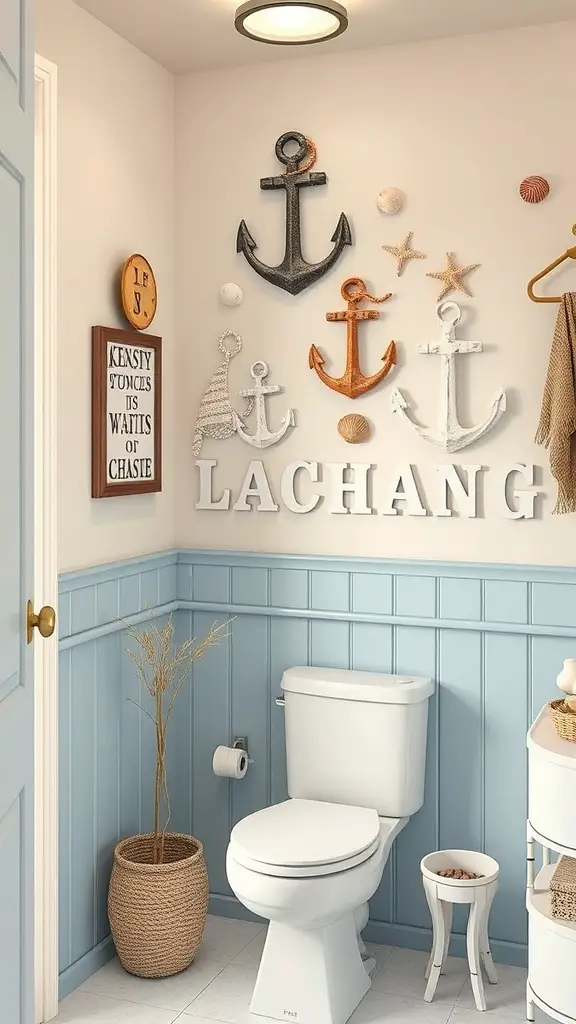 25+ Trending Bathroom Wall Decor Ideas You’ll Love 3 A bathroom with nautical theme decor featuring anchors, seashells, and light blue paneling.