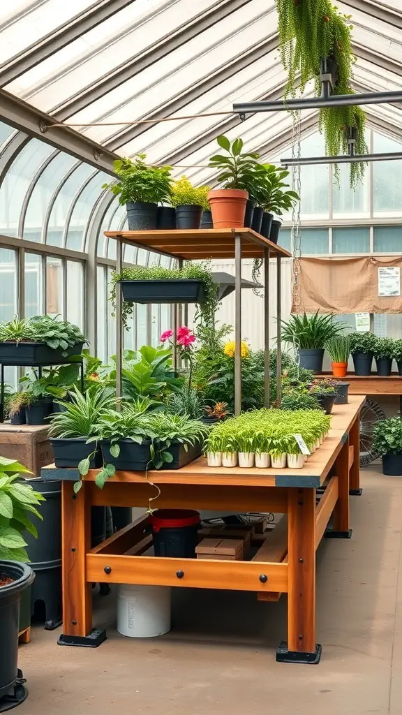 29+ Creative DIY Greenhouse Table Ideas for Your Garden 12 A multi-level greenhouse table filled with various plants in pots.