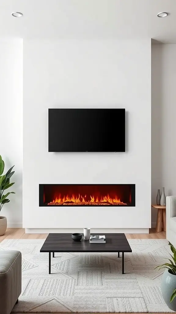 29+ Stunning Electric Fireplace Ideas to Complement Your TV 4 Modern minimalist living room with an electric fireplace and a TV mounted on the wall.