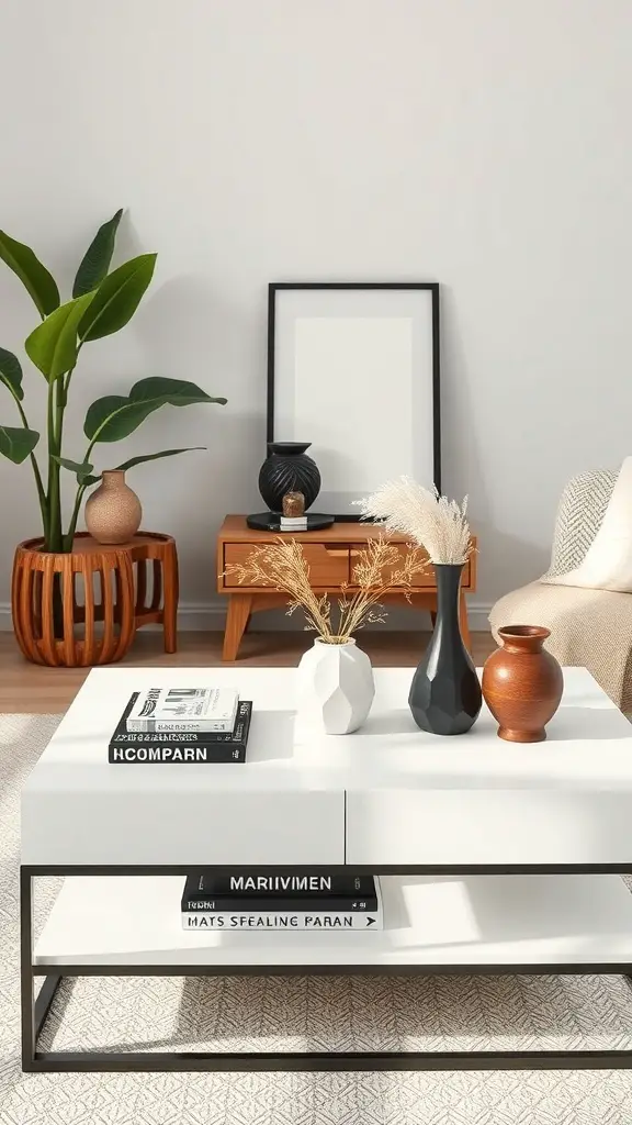 A minimalist coffee table setup featuring vases, books, and a plant.