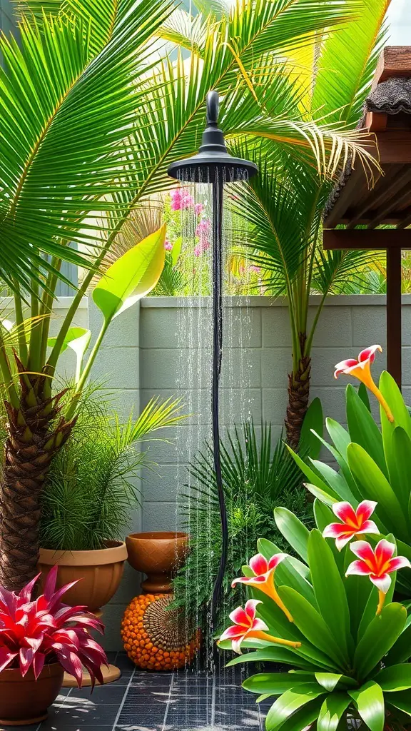 23+ Creative Garden Shower Ideas 7 A tropical outdoor shower surrounded by lush greenery and colorful flowers.