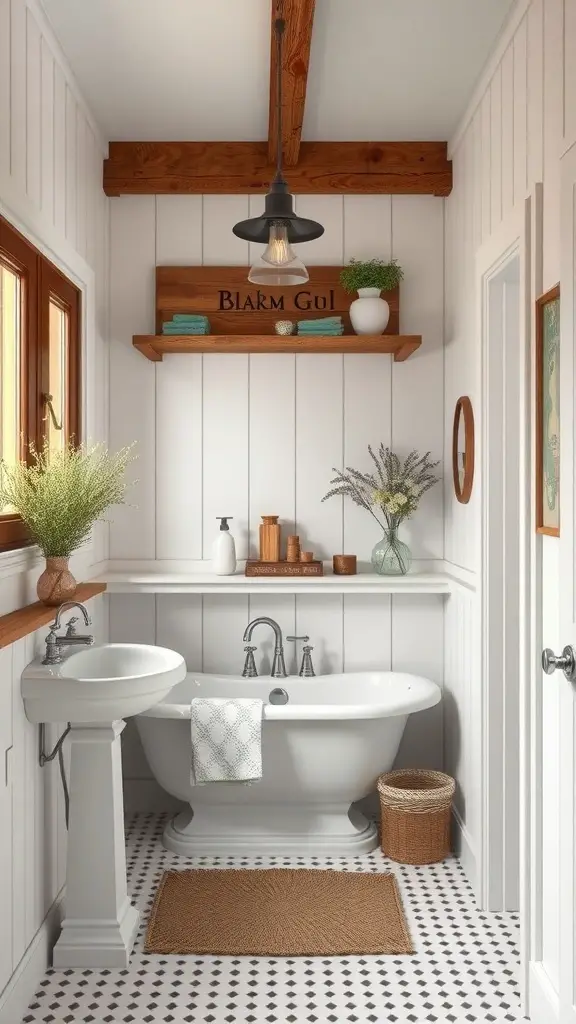 A rustic bathroom featuring board and batten walls, wooden beams, and cozy decor.