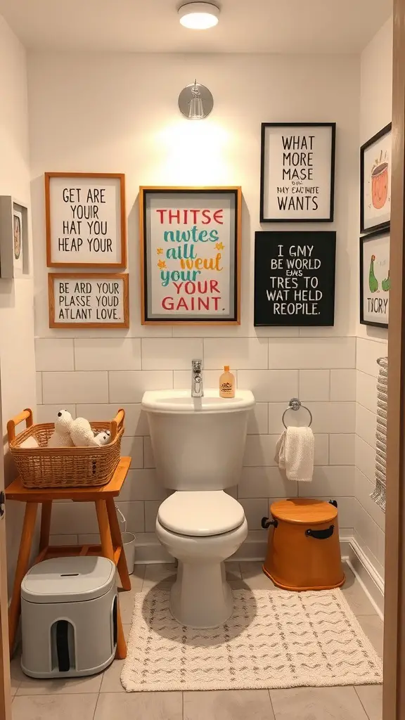 27+ Whimsical Kids Bathroom Ideas for a Fun and Functional Space 14 Colorful wall art in a kids' bathroom with playful prints and decorative elements.