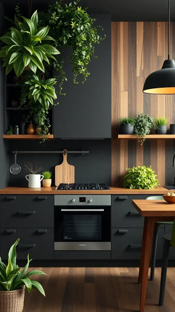 A modern black and wood kitchen featuring various plants for decoration.