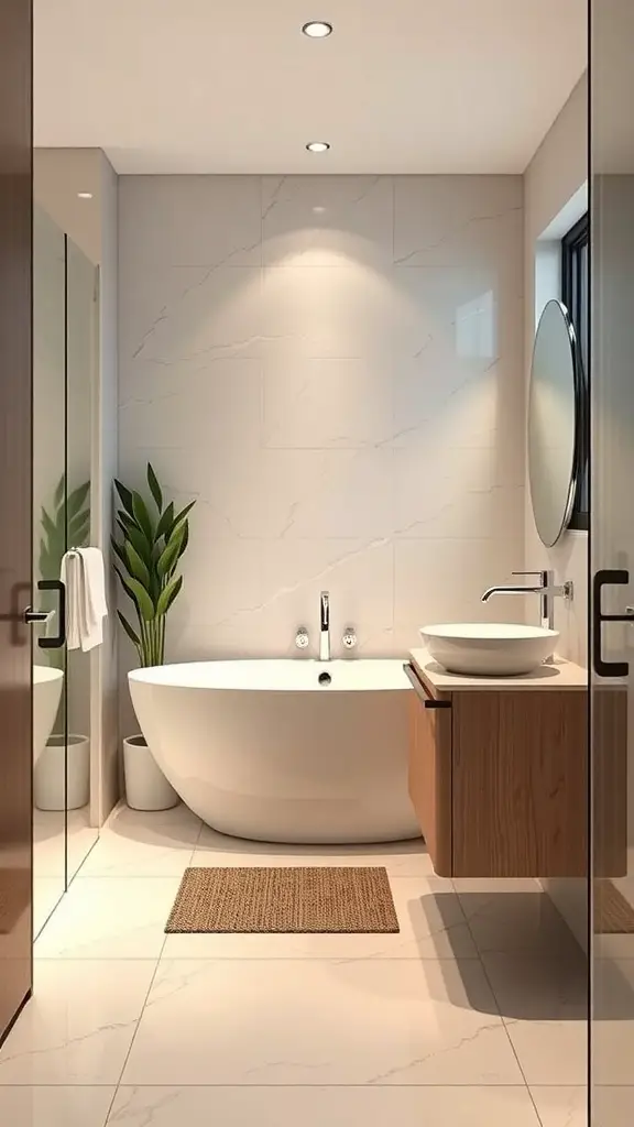 A modern mid-century bathroom featuring a freestanding bathtub, smart fixtures, and natural elements.