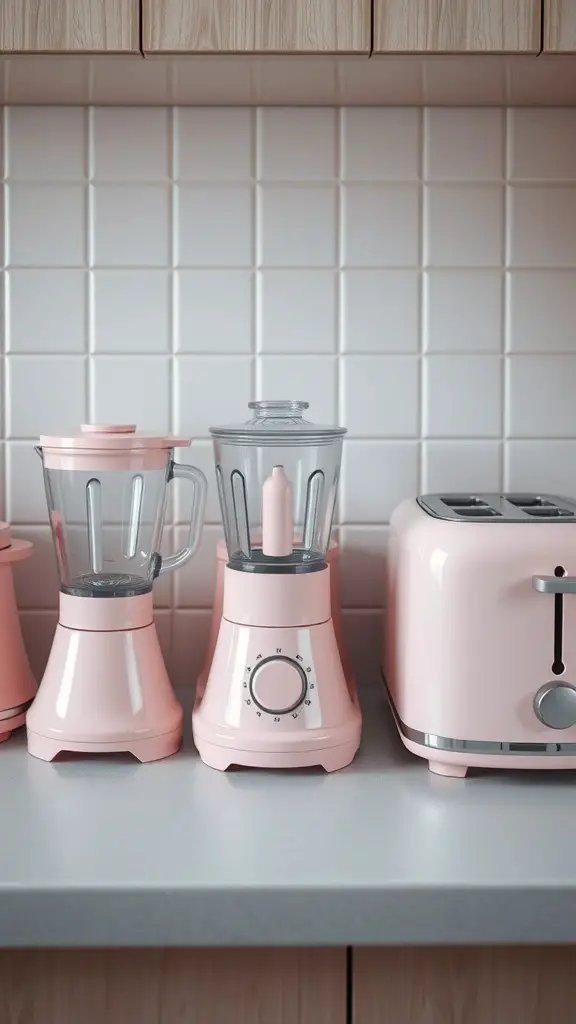 Pastel pink kitchen appliances including a blender and toaster on a countertop