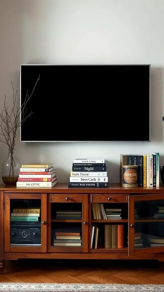 A stylish TV console decorated with books and a decorative vase.