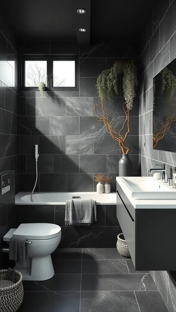 25+ Stunning Black and White Bathroom Ideas You’ll Love 12 A modern black and white bathroom featuring dark tiles, a sleek bathtub, and natural decor elements.